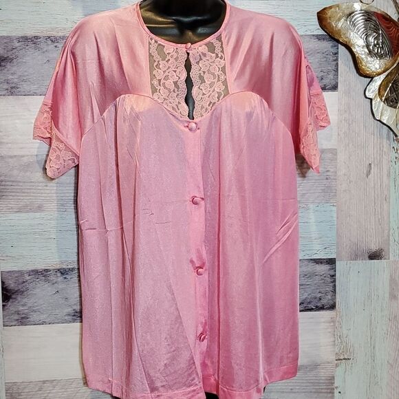 Vintage Henson Kickernick Sz M Pink Nylon Lace Pajama Top Button Up - Picture 1 of 9
